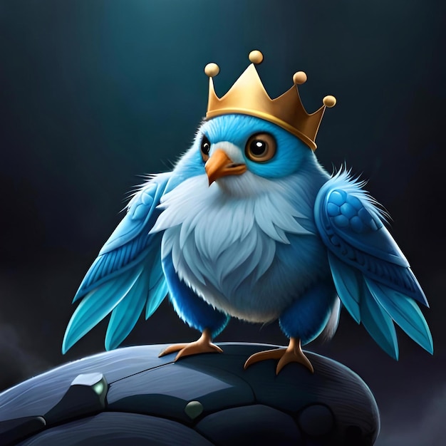 Um pássaro azul com uma coroa de ouro na cabeça