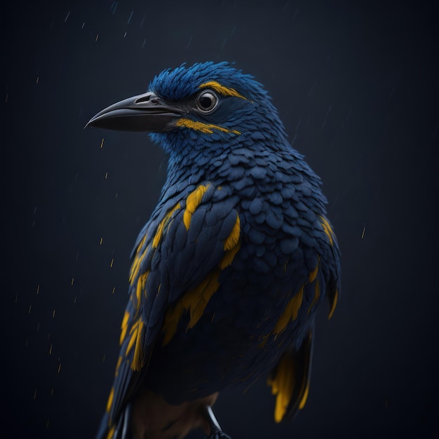 Um pássaro azul e amarelo com amarelo nas asas está parado na chuva.