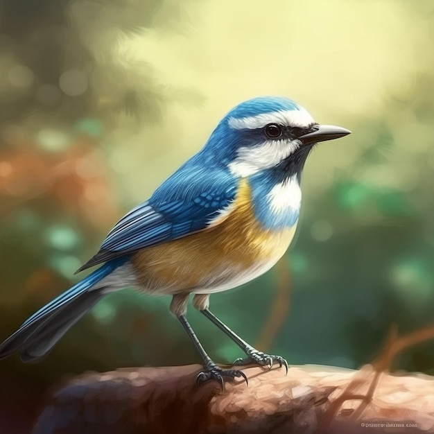 Um pássaro azul e amarelo está pousado em um galho.