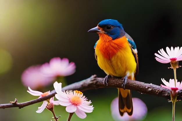 um pássaro azul e amarelo está sentado em um galho com flores ao fundo.