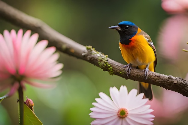 um pássaro azul e amarelo está sentado em um galho com flores.