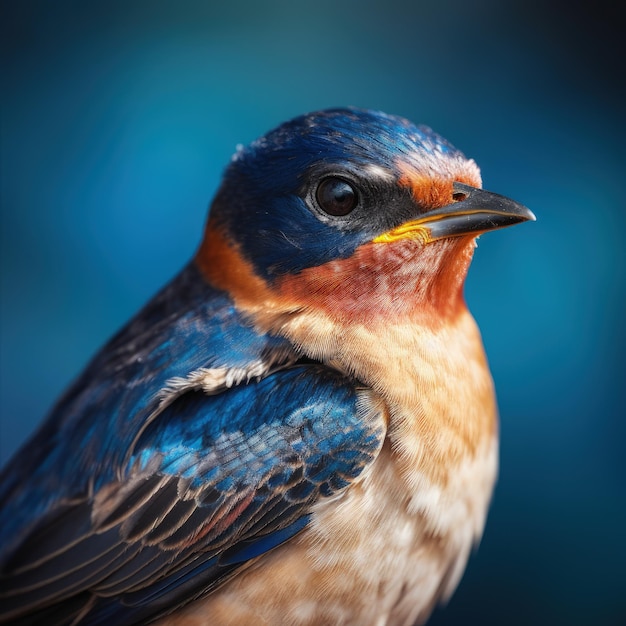 Um pássaro azul e laranja com cabeça azul e vermelha e penas azuis.