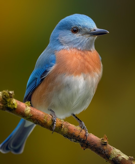 um pássaro azul e laranja está sentado em um galho com fundo amarelo.