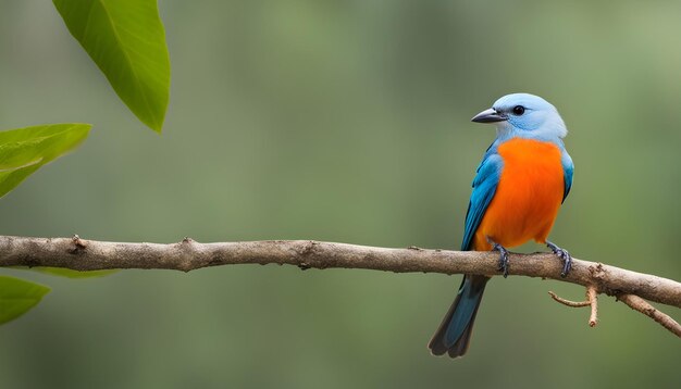 Um pássaro azul e laranja está sentado em um ramo