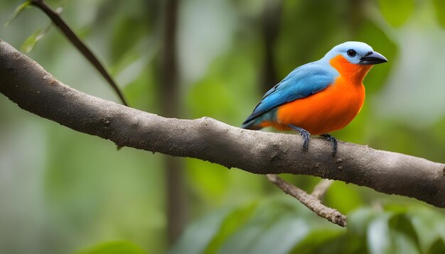 Um pássaro azul e laranja senta-se em um galho com folhas verdes