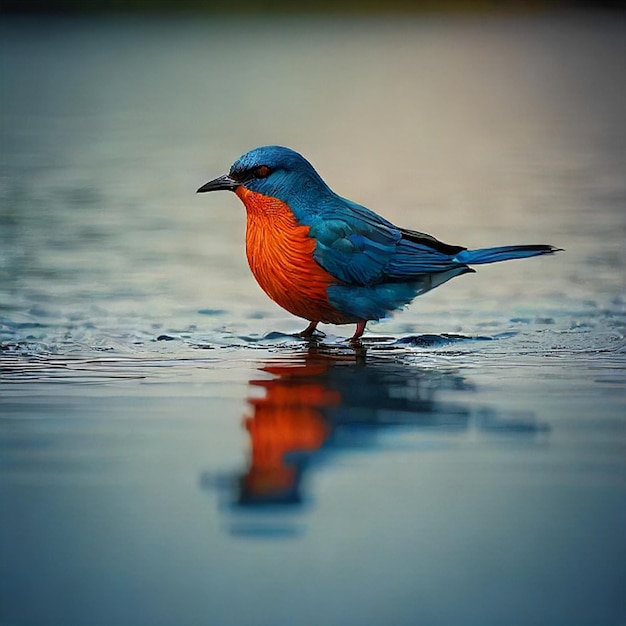 um pássaro azul está de pé na água com um reflexo dele