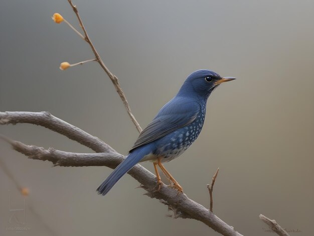 Foto um pássaro azul está empoleirado em um ramo com uma baga amarela no fundo