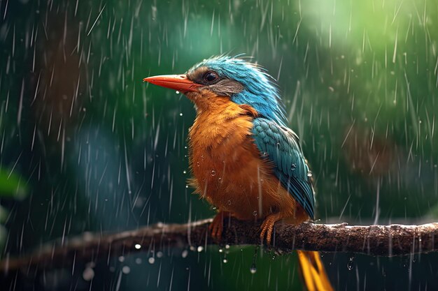 um pássaro azul está sentado em um galho na chuva