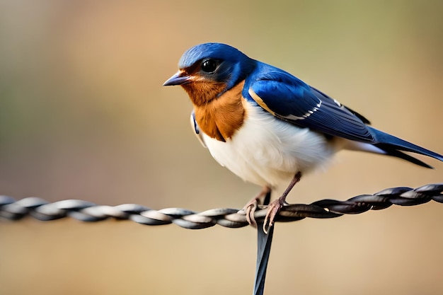 Um pássaro azul pousa em um fio com a palavra azul nele.