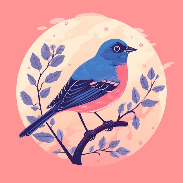 Um pássaro azul pousa em um galho com fundo rosa.