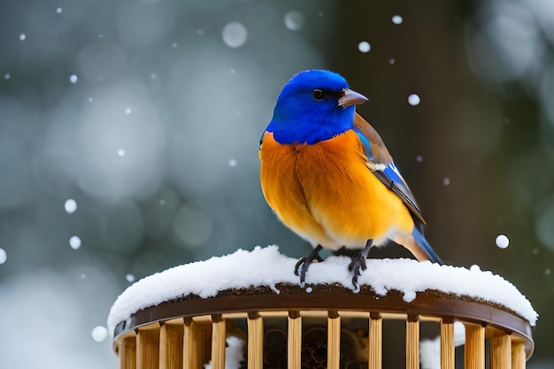 Um pássaro azul senta-se em um alimentador de pássaros coberto de neve.