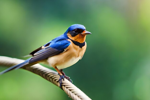 Um pássaro azul senta-se em um fio com fundo verde.