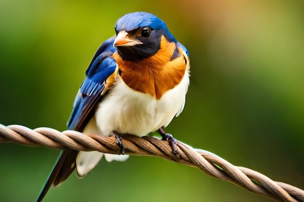 Um pássaro azul senta-se em um fio com fundo verde.