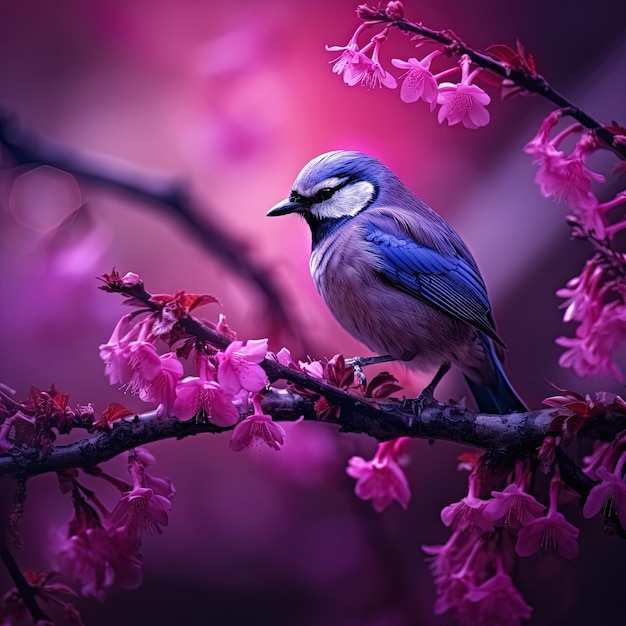 um pássaro azul senta-se em um galho com flores cor-de-rosa