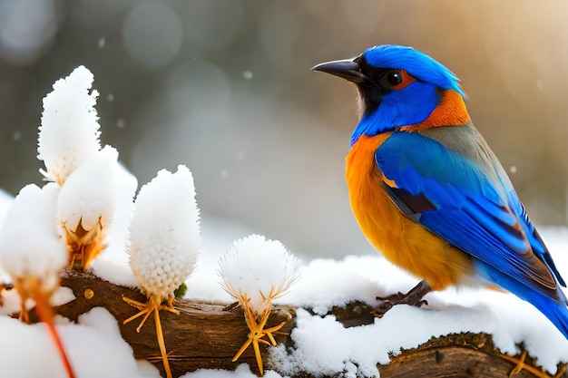 Um pássaro azul senta-se em um galho na neve