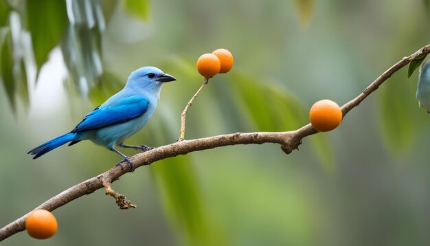 Foto um pássaro azul senta-se em um ramo com frutas laranjas