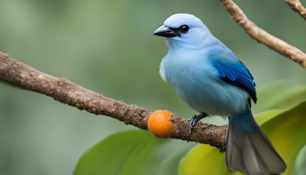 um pássaro azul senta-se em um ramo com uma fruta laranja no fundo