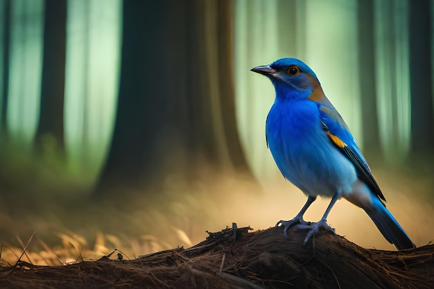 Um pássaro azul senta-se em um tronco na floresta.