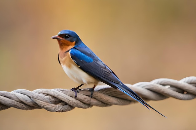Um pássaro azul senta-se em uma corda com um fundo marrom.