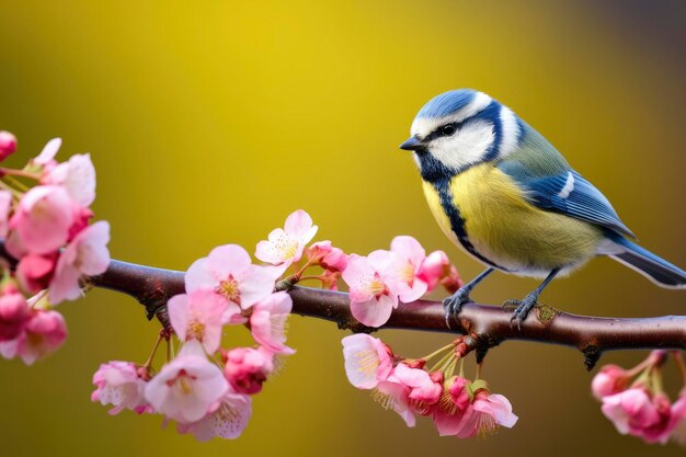 Um pássaro bluetit descansando no ramo de uma árvore