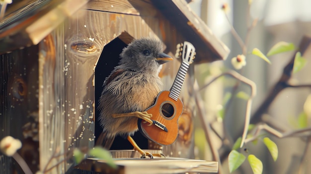 Um pássaro bonito está tocando guitarra na cabana do pássaro o pássaro está sentado em um galho e tem um grande sorriso no rosto