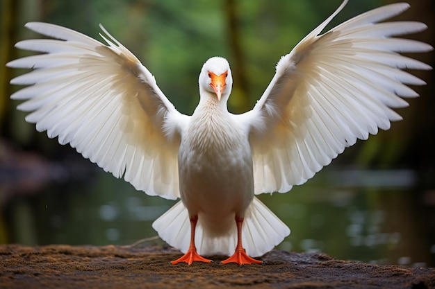 Um pássaro branco com bicos laranja e pés laranja está de pé com as asas estendidas