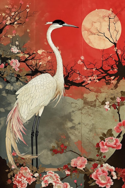Um pássaro branco de pé em uma perna na frente de um fundo vermelho com uma árvore e flores