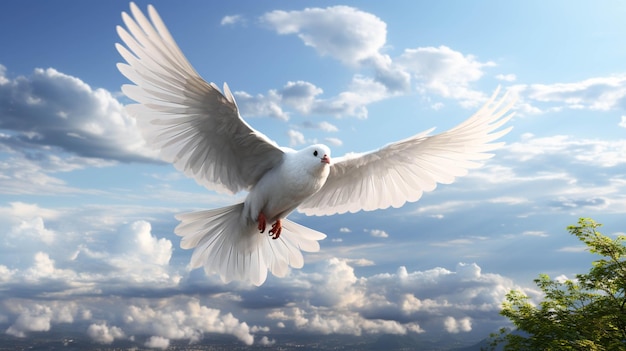 Um pássaro branco voa no céu com a palavra paz