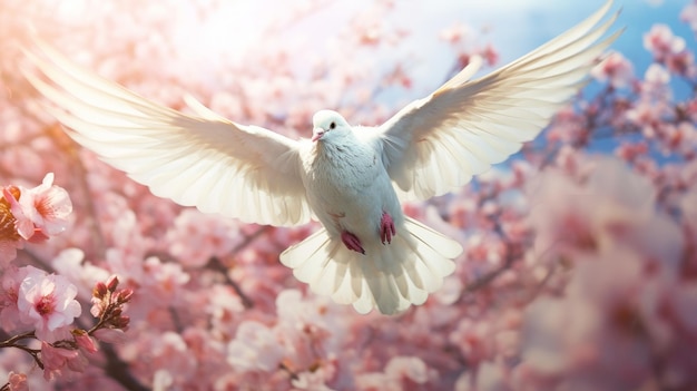 Um pássaro branco voando sobre uma árvore cheia de flores cor de rosa