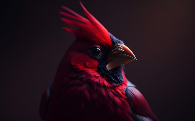 Um pássaro cardeal vermelho senta-se em um fundo escuro