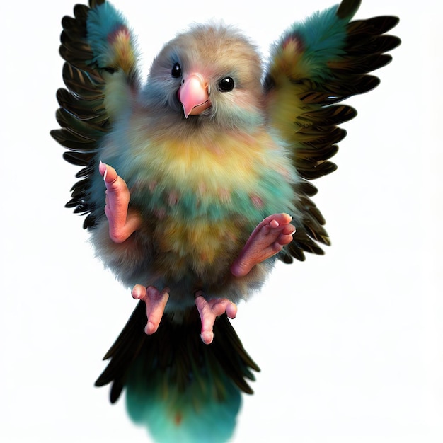 Um pássaro colorido com a palavra "on it" em um fundo branco.