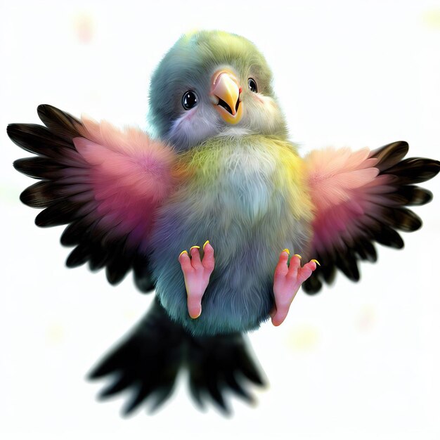 Um pássaro colorido com asas pretas e rosa está voando no ar.