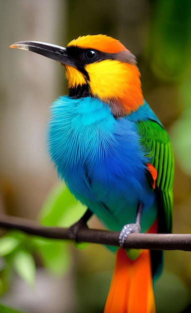 Um pássaro colorido com cabeça azul e cauda vermelha senta-se em um galho.