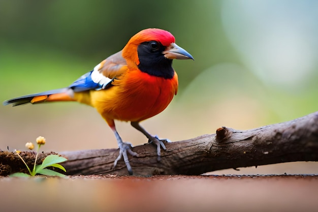 Um pássaro colorido com cabeça preta e asas vermelhas senta-se em um galho.