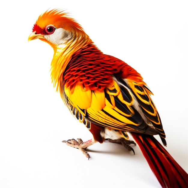 Um pássaro colorido com penas amarelas e vermelhas está de pé sobre um fundo branco.