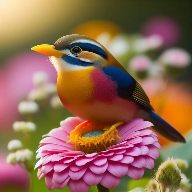 Foto um pássaro colorido com um bico amarelo senta-se em uma flor rosa