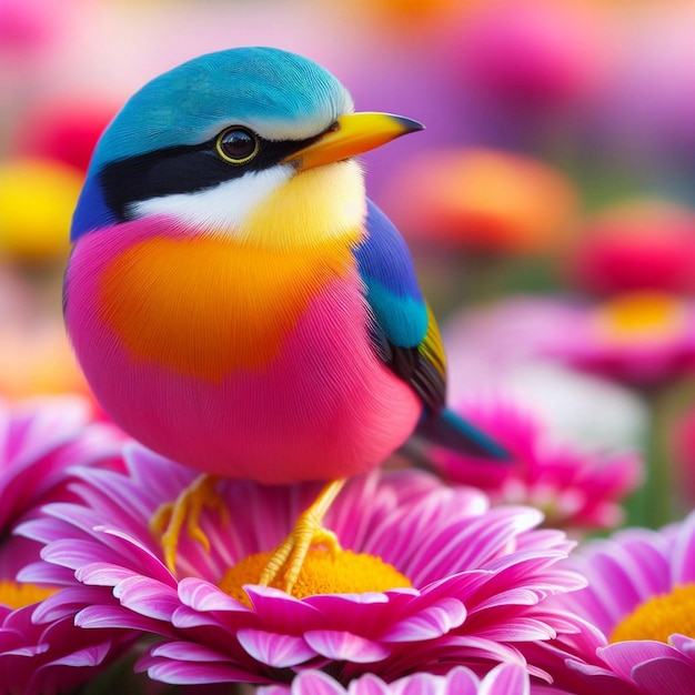 Foto um pássaro colorido com um bico amarelo senta-se em uma flor rosa