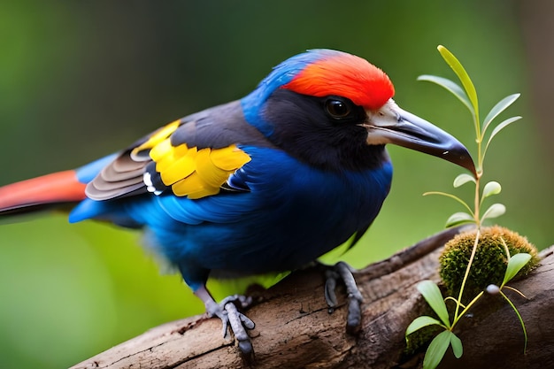 Um pássaro colorido com um bico preto e uma mancha amarela na cabeça.