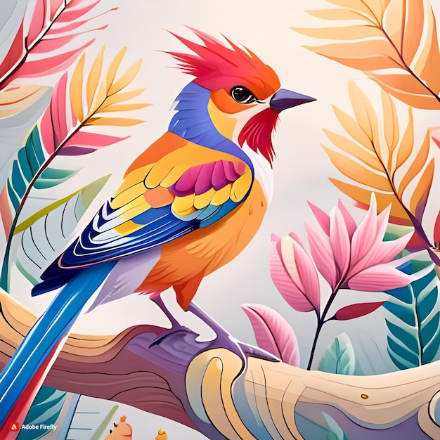 um pássaro colorido com um fundo colorido de folhas e um pássario colorido
