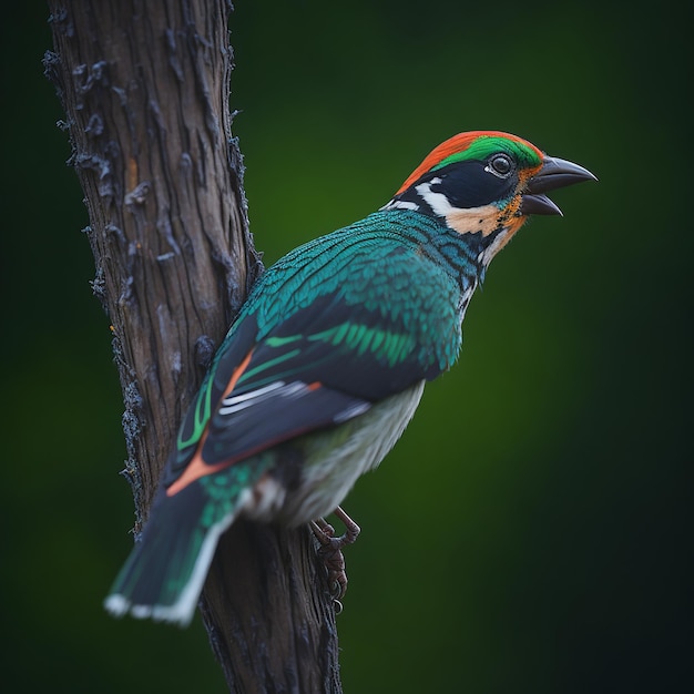 Um pássaro colorido com um fundo verde e um fundo preto.