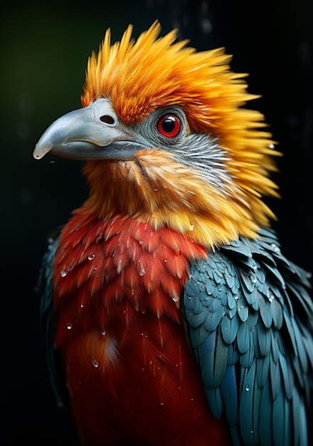 um pássaro colorido com uma cabeça amarela e vermelha e penas laranjas