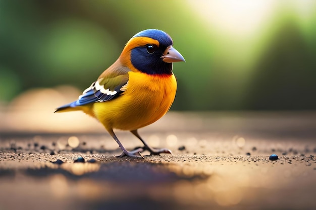 Um pássaro colorido com uma cabeça azul e asas azuis senta-se em uma superfície de concreto.