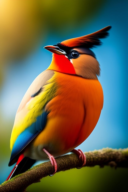 Foto um pássaro colorido com uma coroa laranja brilhante na cabeça está sentado em um galho.