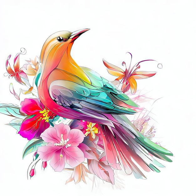 Um pássaro colorido com uma flor e uma libélula