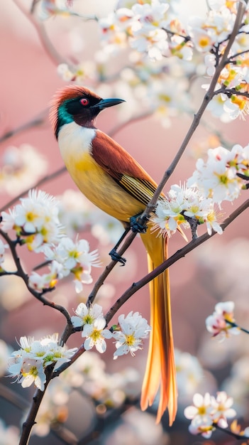 Um pássaro colorido de pé em um galho de uma árvore com flores brancas em floração de cores brilhantes