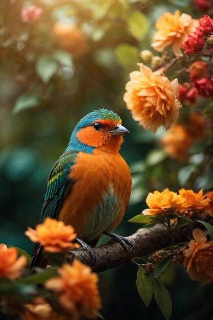 Um pássaro colorido elegante sentado em um galho com folhas e flores no fundo natural