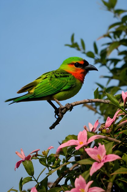 Foto um pássaro colorido em cima de uma flor