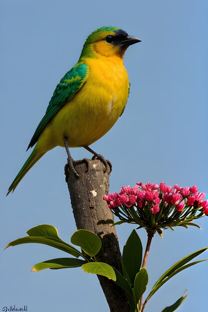 Foto um pássaro colorido em cima de uma flor