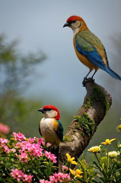 Foto um pássaro colorido em cima de uma flor