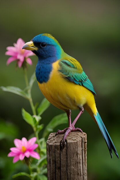 Foto um pássaro colorido em cima de uma flor
